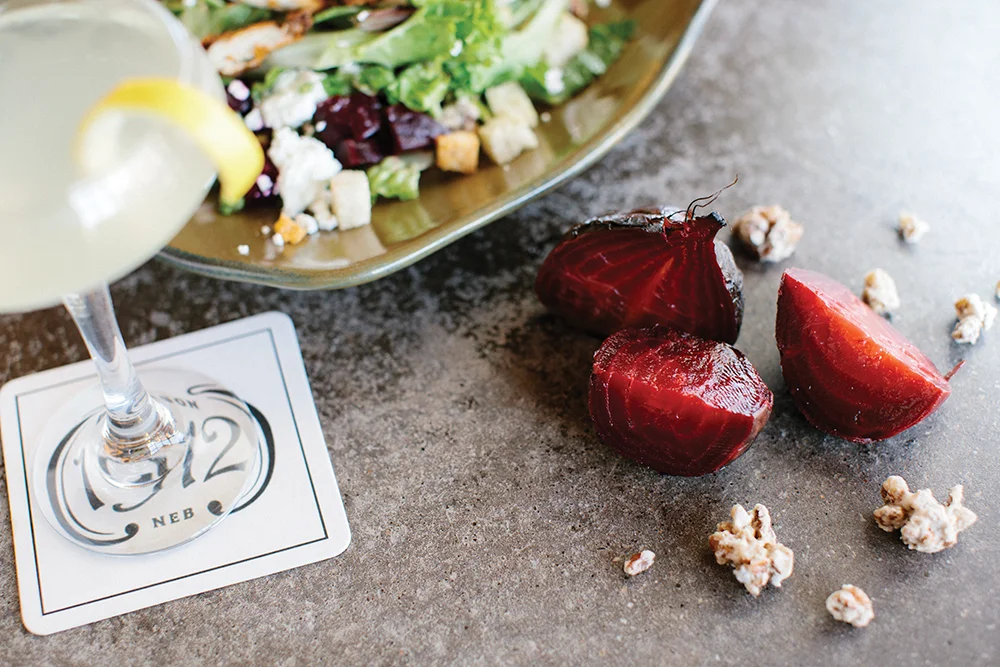 1912 Pickled Beets and Walnut Salad with lemonade drink