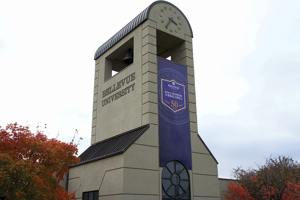 Bellevue University 50 Years Banner on Belltower