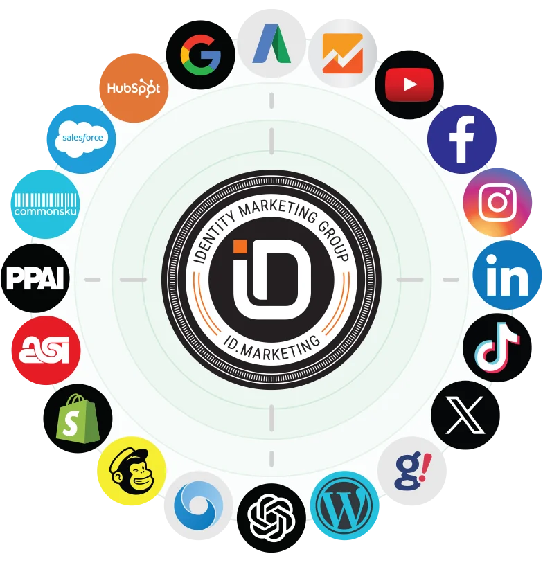 Various digital and social service logos centered around the I D logo